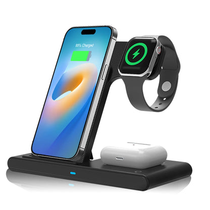 Wireless Charging Station, QC3.0 Magnetic Fast Charging, Wirelss Charger Compatible with Iphone 16 15 14 13 12 11 Pro Max XS XR, Iwatch Series 9 8 7 6 5 4 3 2 SE, Airpods 3 2 Pro (Black)