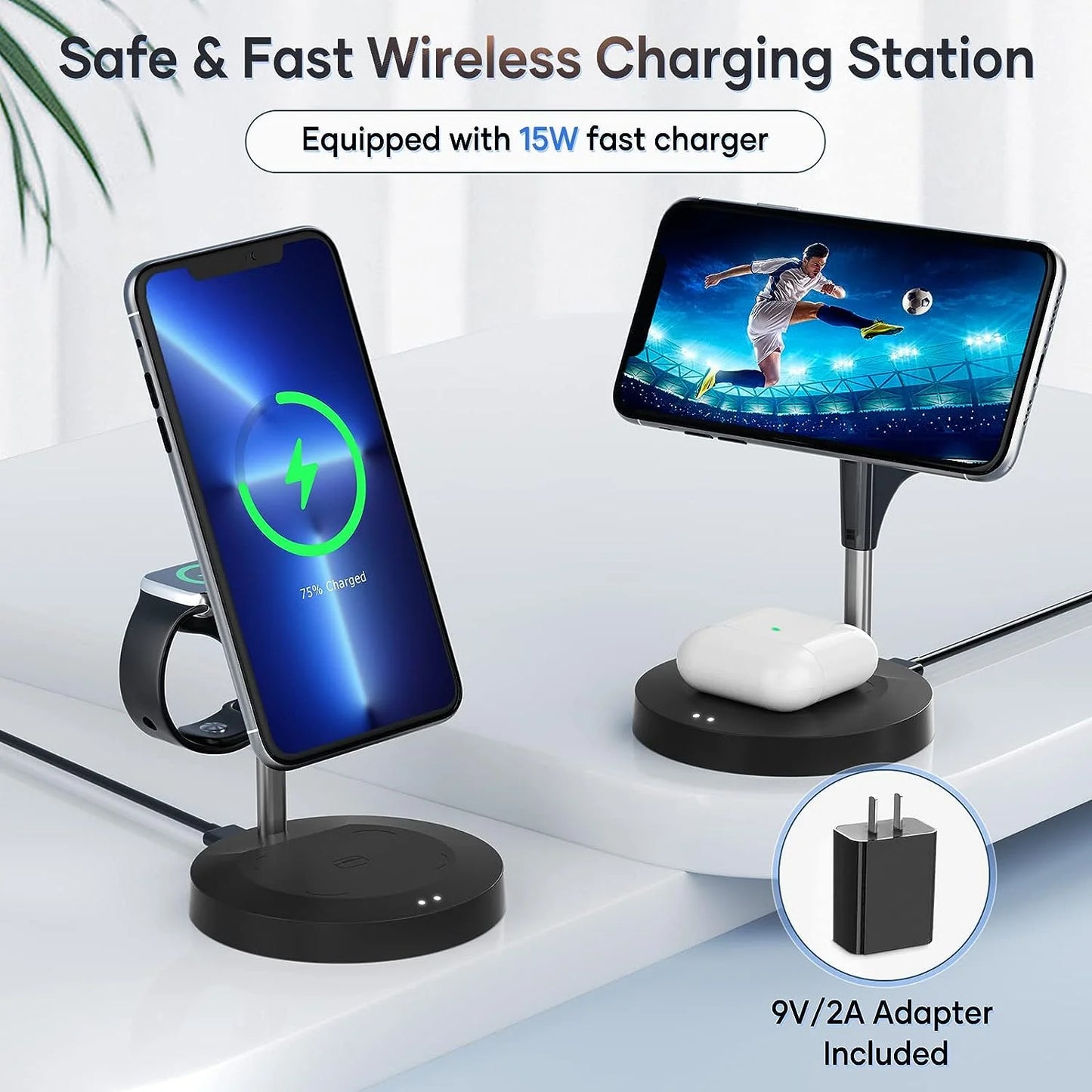 3 in 1 Wireless Charger Fast Charger Charging Station Compatible for Iphone 14 13 12 Pro/Pro Max/Plus/Mini, Apple Watch Charger, Charging Stand Dock for Airpods, Black