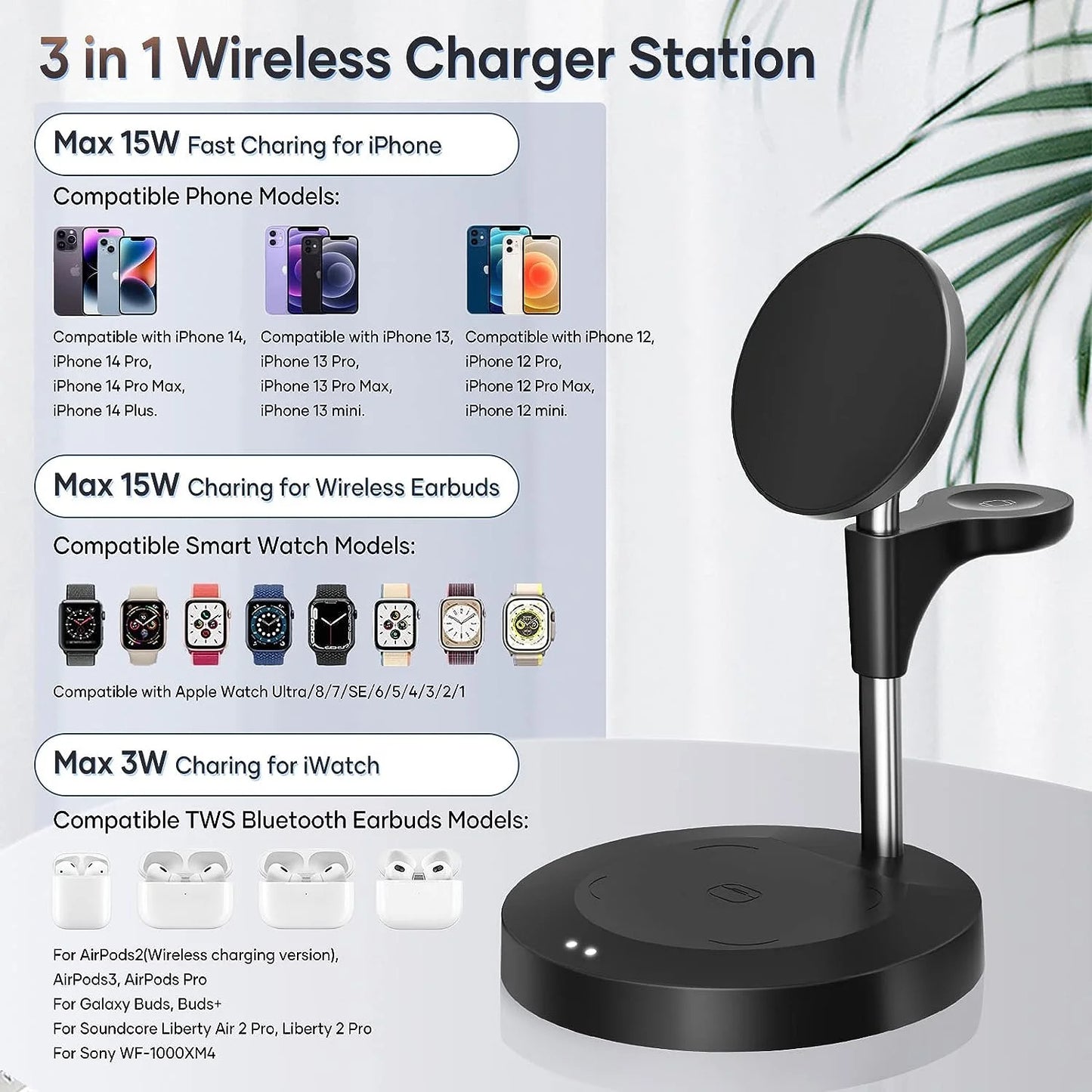 3 in 1 Wireless Charger Fast Charger Charging Station Compatible for Iphone 14 13 12 Pro/Pro Max/Plus/Mini, Apple Watch Charger, Charging Stand Dock for Airpods, Black