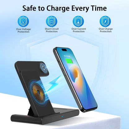 Wireless Charging Station, QC3.0 Magnetic Fast Charging, Wirelss Charger Compatible with Iphone 16 15 14 13 12 11 Pro Max XS XR, Iwatch Series 9 8 7 6 5 4 3 2 SE, Airpods 3 2 Pro (Black)