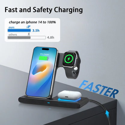 Wireless Charging Station, QC3.0 Magnetic Fast Charging, Wirelss Charger Compatible with Iphone 16 15 14 13 12 11 Pro Max XS XR, Iwatch Series 9 8 7 6 5 4 3 2 SE, Airpods 3 2 Pro (Black)