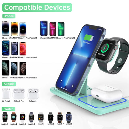 Wireless Charging Station, 2023 Upgraded 18W 3 in 1 Wireless Charger Stand for Iphone 15/14/13/12/11 Pro/Xs, Airpods 3/2/1/Pro, Iwatch Series 8/7/6/5/4/3,Samsung Phones(Green)